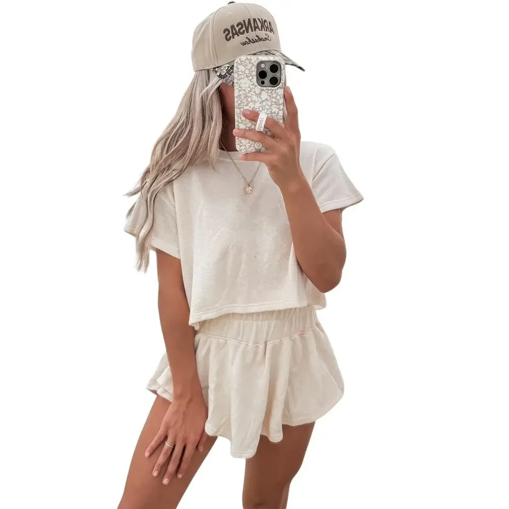 Tan Cropped Tee and Ruffle High Waist Skort Set Size Large NIP